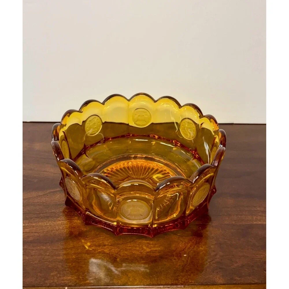 Vintage Fostoria Amber Coin Glass Bowl 7.5” Liberty Bell Scalloped